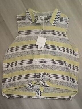 🌁NWT:BeachLunchLounge: Striped, Linen  Blend Button-Up Tank Top, Sunshine, Lrg